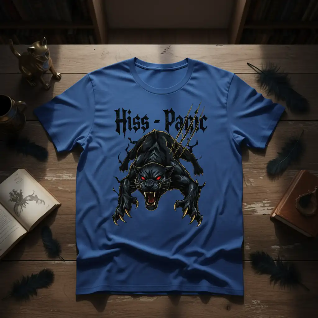 Hiss - Panic design on a blue t-shirt featuring a snarling black panther with sharp claws and glowing red eyes