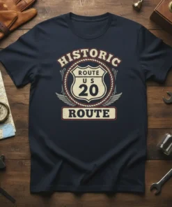 Historic Route US 20 Route t-shirt design with vintage shield emblem and wings