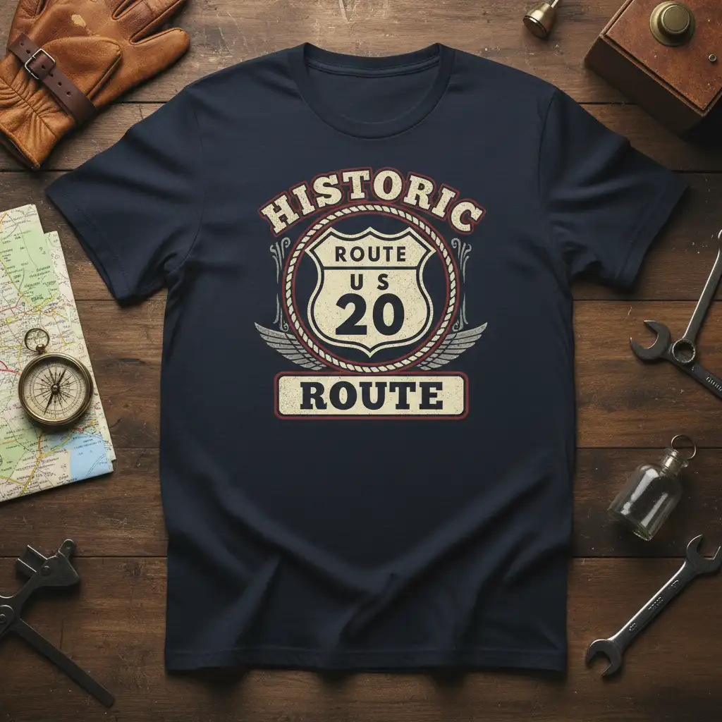 Historic Route US 20 Route vintage shield emblem graphic on a dark t-shirt
