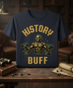History Buff T-Shirt with muscular George Washington lifting dumbbells and text "HISTORY BUFF"
