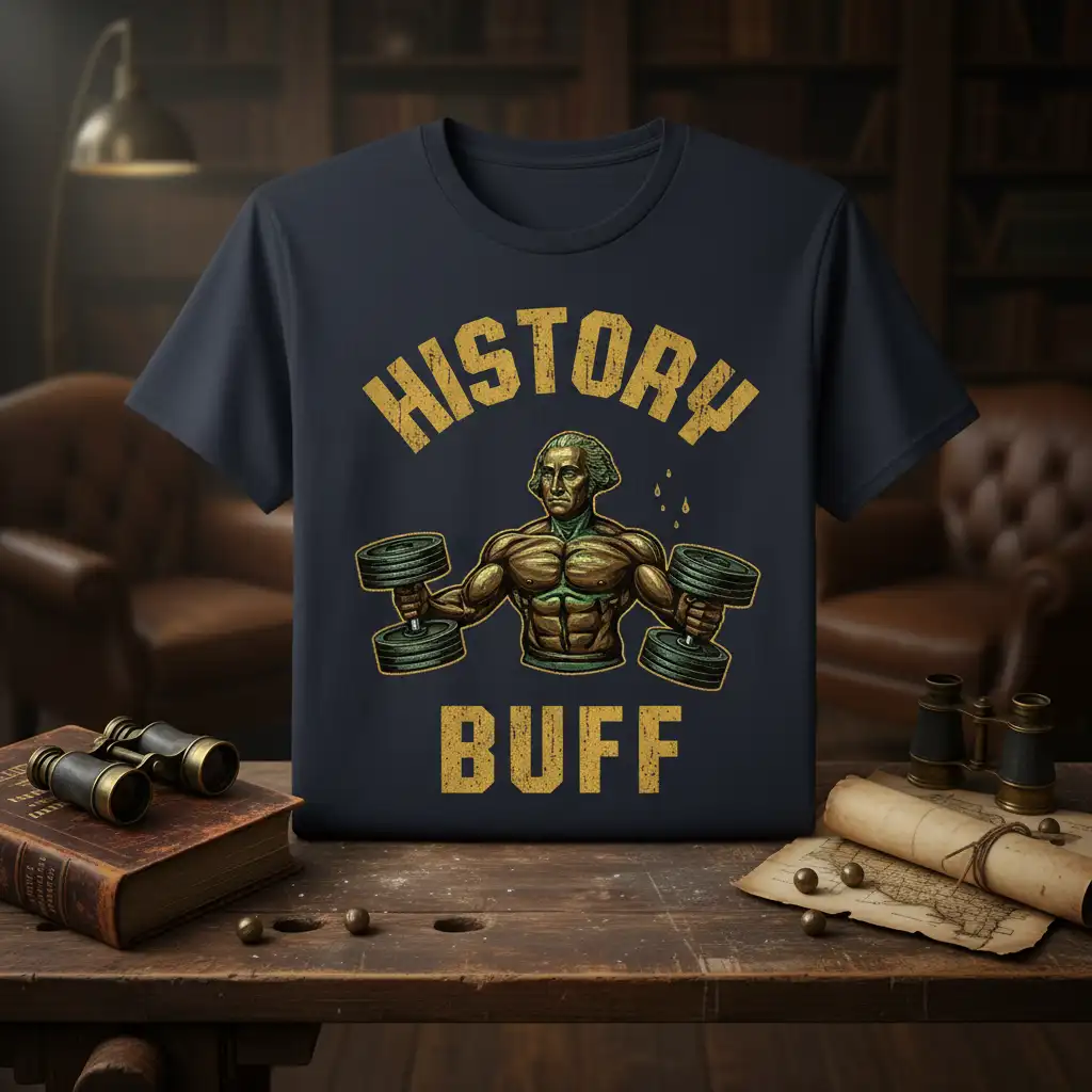 History Buff t-shirt design with George Washington lifting dumbbells and distressed text