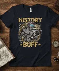 History Buff T-Shirt with muscular ancient statue lifting dumbbell and vintage golden text