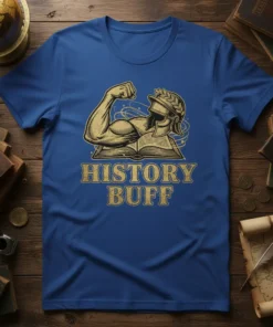 History Buff T-Shirt featuring a Roman-inspired graphic with a strong arm, laurel wreath, and open book, text reads HISTORY BUFF
