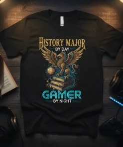 History Major By Day Gamer By Night text design with a griffin on books and a globe