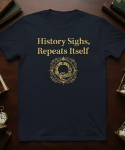 History Sighs, Repeats Itself quote on a dark navy t-shirt with a circular ouroboros graphic in gold