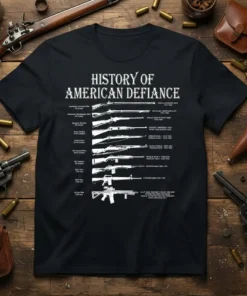 History of American Defiance t-shirt design featuring a timeline of firearms from Kentucky Derringer to M4 Rifle