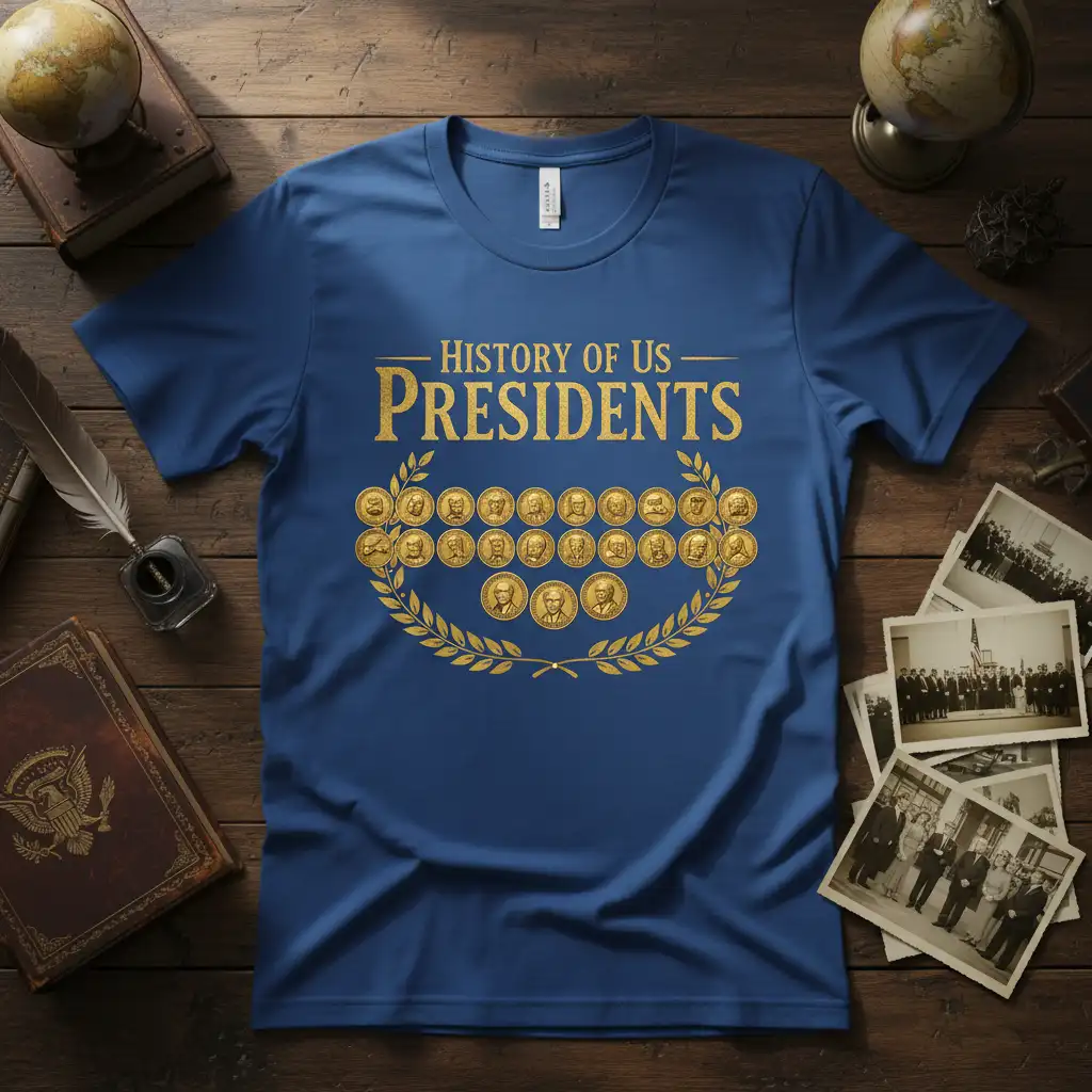 History of Us PRESIDENTS text design featuring presidential portraits within a golden laurel wreath on a blue shirt