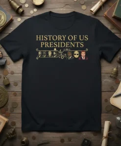 History of US Presidents text with stylized portraits of American leaders on a black t-shirt
