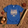 Hit Hard Run Fast Turn Left baseball quote t-shirt with crossed bats and home plate graphic