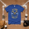 Baseball t-shirt with "HIT HARD RUN FAST TURN LEFT" text and crossed bats graphic