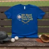 Blue t-shirt with yellow text "Hit Hard Run Fast Turn Left" and baseball graphic, baseball bats
