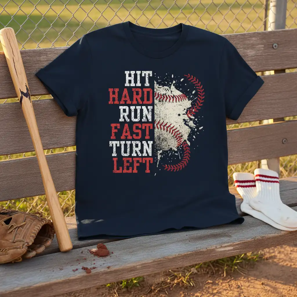 Distressed HIT HARD RUN FAST TURN LEFT baseball quote t-shirt design with graphic