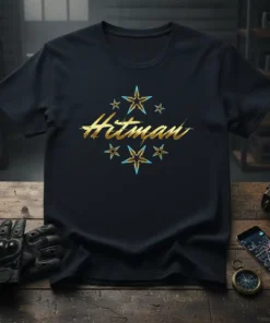 Black t-shirt featuring the golden "Hitman" text logo surrounded by star graphics, representing gaming and stealth