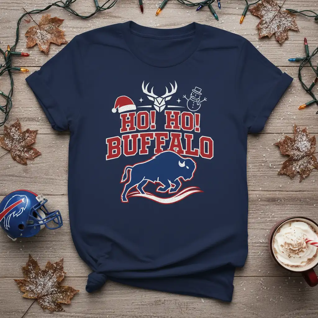 HO! HO! BUFFALO eye-catching design printed on comfortable cotton fabric creating a standout t-shirt
