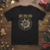 HO HO HO Christmas T-Shirt with festive wreath, candy cane, and holly design
