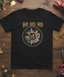HO HO HO Christmas T-Shirt with festive wreath, candy cane, and holly design