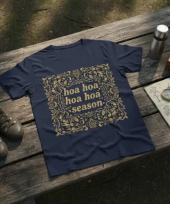 Navy t-shirt with gold ornate floral border and "hoa hoa hoa hoa season" text in the center