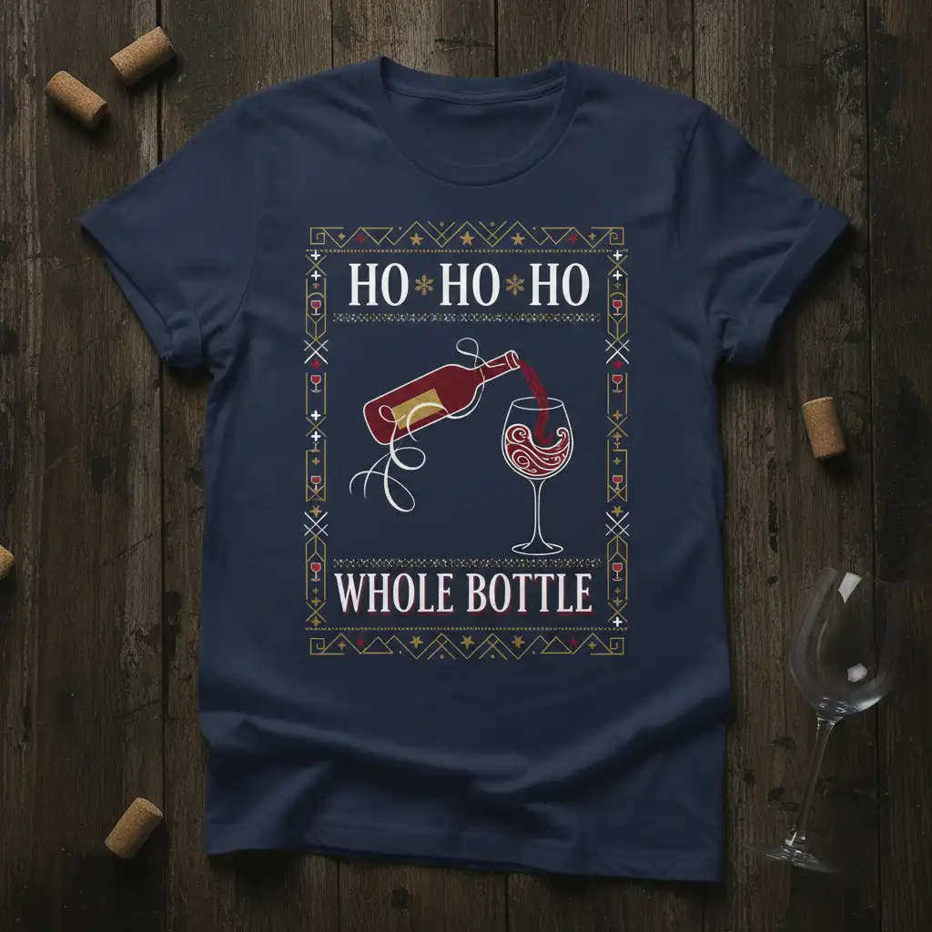 HO HO HO WHOLE BOTTLE Christmas wine t-shirt with festive border and wine pouring graphic