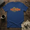 HO-HUM text with gears and dripping paint graphic on a blue t-shirt, ideal for mechanics and engineers