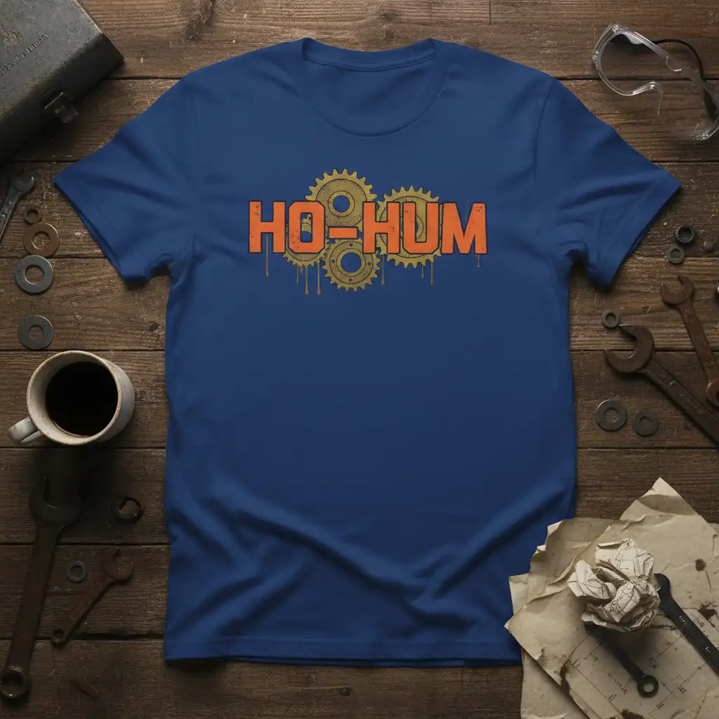 HO-HUM text graphic with vintage gears and dripping paint, perfect for mechanics and industrial humor enthusiasts