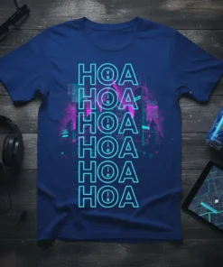 HOA HOA HOA HOA HOA HOA HOA T-Shirt with neon retro futuristic cityscape design and synthwave aesthetic