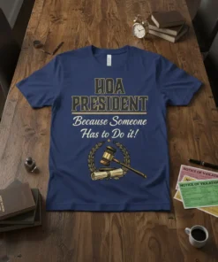 HOA President Because Someone Has to Do it! text design with gavel and scroll graphic on a navy blue t-shirt