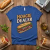 Hoagie Dealer t-shirt design featuring a colorful, detailed illustration of a stacked hoagie sandwich above bold text