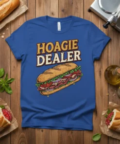 Hoagie Dealer t-shirt design featuring a colorful, detailed illustration of a stacked hoagie sandwich above bold text