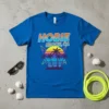Retro sunset graphic with palm trees and "HOBIE BEACH, CA" text on a blue t-shirt