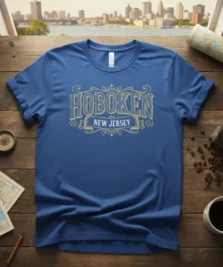 Blue t-shirt with vintage-style "Hoboken New Jersey" text in gold and white