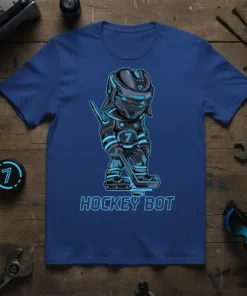 Hockey Bot t-shirt design with a futuristic robot player holding a hockey stick, wearing a jersey with number 7