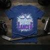 Hockey Fights Cancer text with crossed hockey sticks and awareness ribbon graphic on a blue t-shirt