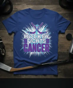 Hockey Fights Cancer text with crossed hockey sticks and awareness ribbon graphic on a blue t-shirt