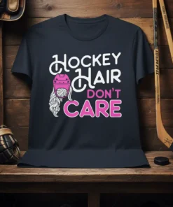 Hockey Hair Don't Care text with hockey helmet and braided hair graphic on a dark t-shirt