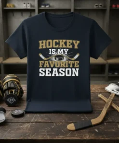 Hockey Is My Favorite Season text design with crossed hockey sticks and puck on a dark t-shirt