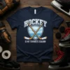 Hockey Is My Favorite Season t-shirt design with crossed hockey sticks and puck on ice background