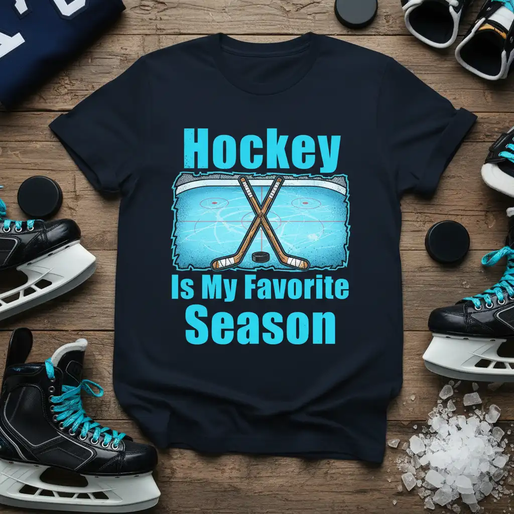 Hockey Is My Favorite Season quote design with crossed sticks and ice rink graphic on apparel