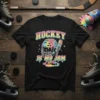 Hockey Is My Jam text with a colorful ice hockey helmet dripping with ice cream and sprinkles, on a black