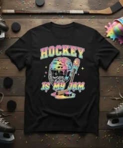 Hockey Is My Jam text with a colorful ice hockey helmet dripping with ice cream and sprinkles, on a black