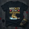 Hockey Is My Valentine text design with golden ice skate and crossed hockey sticks, featuring red heart accents