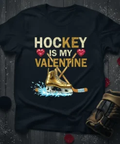 Hockey Is My Valentine text design with golden ice skate and crossed hockey sticks, featuring red heart accents