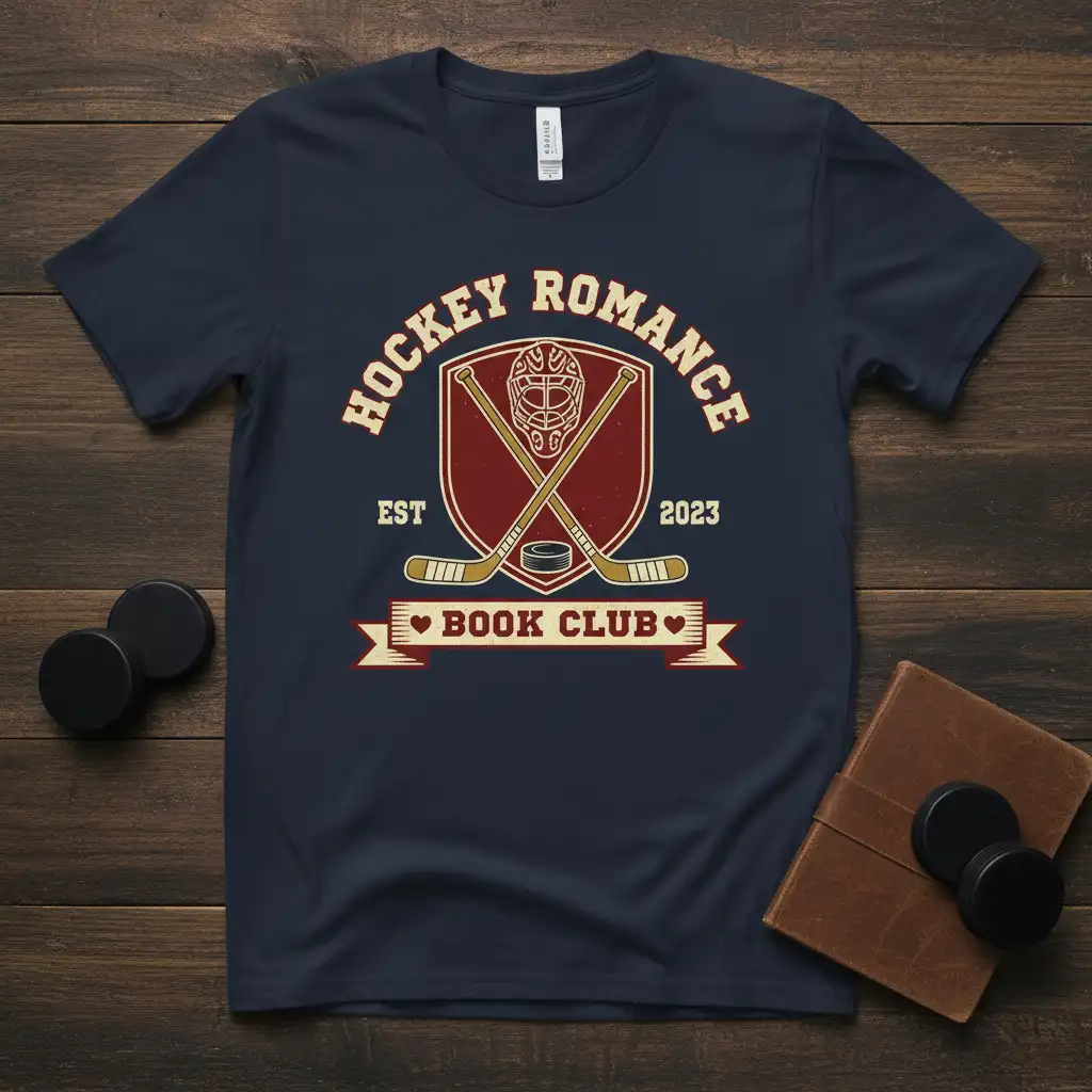 Hockey Romance Book Club Est 2023 design featuring crossed sticks and goalie mask