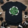 Hockey Stick Spiral Graphic T-Shirt featuring crossed sticks and neon green rings, designed for hockey fans