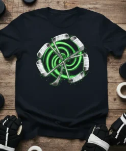 Hockey Stick Spiral Graphic T-Shirt featuring crossed sticks and neon green rings, designed for hockey fans