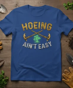 Hoeing Ain't Easy quote t-shirt with gardening tools and a plant graphic