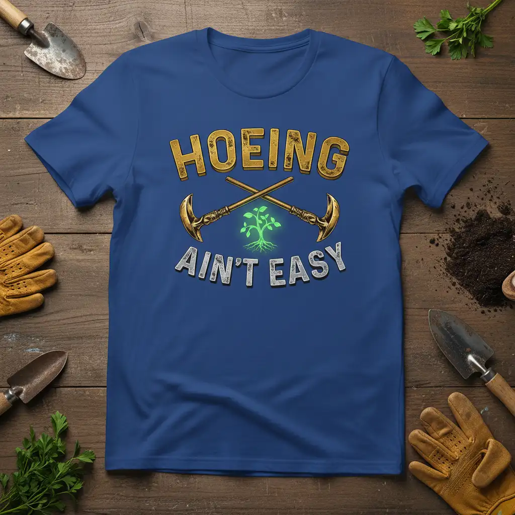 Hoeing Ain't Easy gardening quote t-shirt with crossed hoes and a seedling graphic