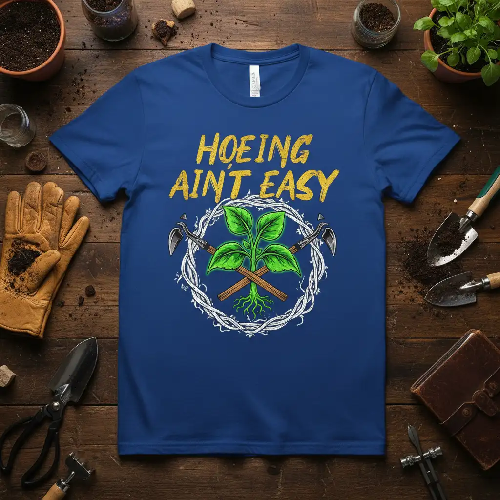 Hoeing Ain't Easy humorous gardening quote with plant and tools graphic design