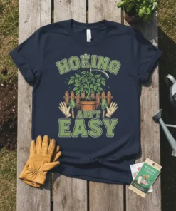 Hoeing Ain't Easy t-shirt design featuring a potted plant, gardening tools, and gloves with retro typography