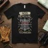 Hog Removal Technician T-Shirt featuring a wild boar's face in crosshairs with bullet accents and distressed text