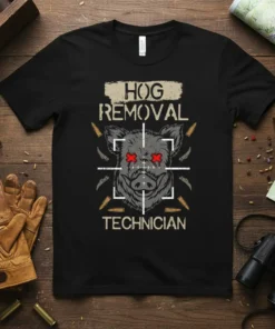 Hog Removal Technician T-Shirt featuring a wild boar's face in crosshairs with bullet accents and distressed text